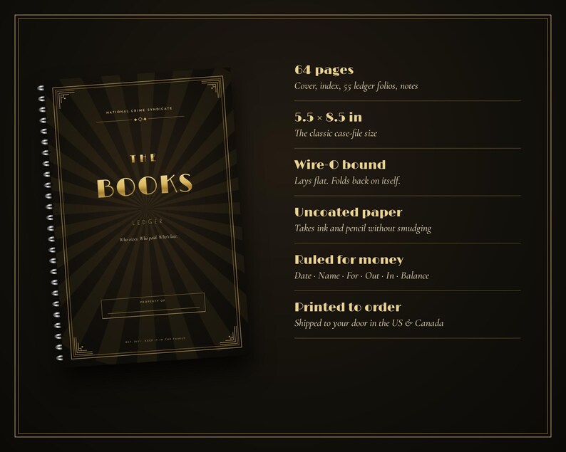 May include: A black and gold wire-bound ledger notebook titled THE BOOKS, featuring a sunburst design on the cover. Text includes 64 pages, 5.5 x 8.5 in, wire-o bound, uncoated paper, ruled for money, and printed to order with specific ledger fields.
