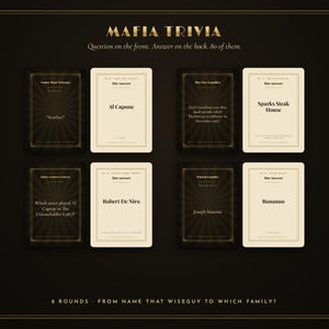 Puede incluir: Un juego de cartas Mafia Trivia que incluye 80 tarjetas con preguntas en el frente y respuestas en el reverso. Las tarjetas tienen un fondo marr&oacute;n oscuro con un patr&oacute;n de rayos de sol y tarjetas color crema con texto negro, organizadas en 8 rondas.