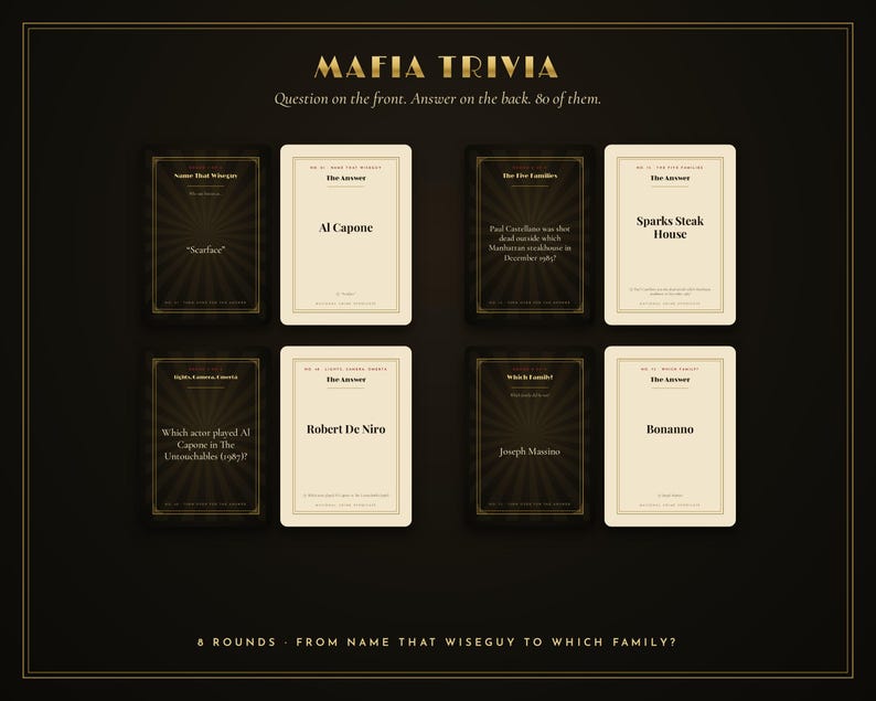 Puede incluir: Un juego de cartas Mafia Trivia que incluye 80 tarjetas con preguntas en el frente y respuestas en el reverso. Las tarjetas tienen un fondo marr&oacute;n oscuro con un patr&oacute;n de rayos de sol y tarjetas color crema con texto negro, organizadas en 8 rondas.