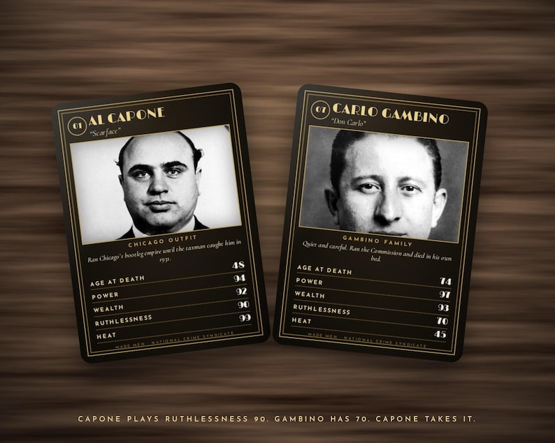 May include: Two black rectangular trading cards featuring portraits of Al Capone and Carlo Gambino. Each card displays a name, nickname, biographical text, and numerical statistics for categories including age at death, power, wealth, and ruthlessness.