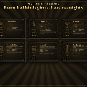 May include: A black and gold poster titled Prohibition Cocktails: From bathtub gin to Havana nights, featuring six individual recipe cards for Bee's Knees, French 75, Scofflaw, The Godfather, Negroni, and The Dry Agent with measurements in ounces and ml.