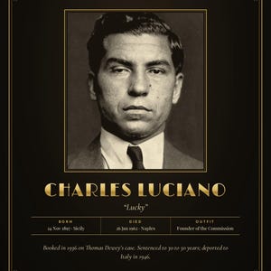 Op de afbeelding: Een zwart en goudkleurige poster met een sepia-getinte mugshot van Charles Luciano, bijgenaamd Lucky. De tekst bevat National Crime Syndicate Records, File No. 03, geboorte- en sterfdata en details over zijn arrestatie in 1936.