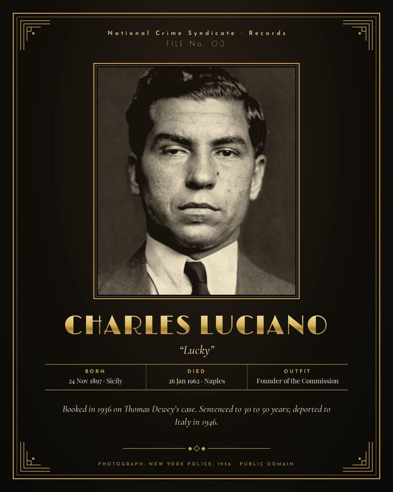 Op de afbeelding: Een zwart en goudkleurige poster met een sepia-getinte mugshot van Charles Luciano, bijgenaamd Lucky. De tekst bevat National Crime Syndicate Records, File No. 03, geboorte- en sterfdata en details over zijn arrestatie in 1936.