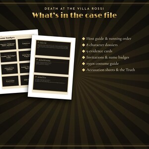 May include: A murder mystery game kit titled Death at the Villa Rossi. The set includes two printed sheets showing name badges and character dossiers, alongside a list of contents: host guide, 8 character dossiers, 9 evidence cards, invitations, name badges, a 1950s costume guide, and accusation sheets.