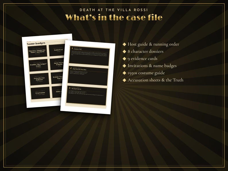 May include: A murder mystery game kit titled Death at the Villa Rossi. The set includes two printed sheets showing name badges and character dossiers, alongside a list of contents: host guide, 8 character dossiers, 9 evidence cards, invitations, name badges, a 1950s costume guide, and accusation sheets.