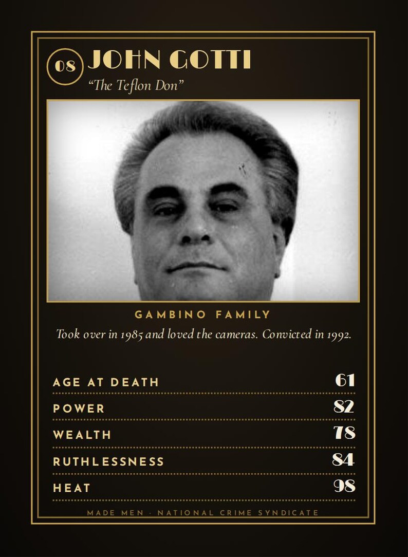 May include: A black and gold informational card featuring a black and white portrait of John Gotti, labeled The Teflon Don. The text includes Gambino Family, biographical details, and statistics for age at death, power, wealth, ruthlessness, and heat.