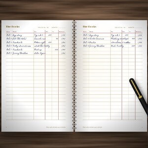 May include: A spiral-bound ledger notebook with two open pages featuring printed columns for Date, Name, For, Out, In, and Balance. The pages contain handwritten entries under the heading The Books. A black pen with gold accents rests on the right side.