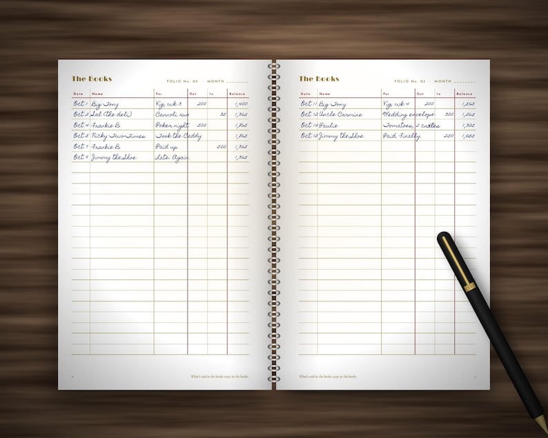 May include: A spiral-bound ledger notebook with two open pages featuring printed columns for Date, Name, For, Out, In, and Balance. The pages contain handwritten entries under the heading The Books. A black pen with gold accents rests on the right side.