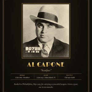 Op de afbeelding: Een zwart-gouden poster met een vintage politiefoto van Al Capone in een fedora en pak. De tekst bevat zijn naam, de bijnaam Scarface, geboorte- en sterfdata, en een samenvatting van zijn arrestatie in 1929 in Philadelphia wegens wapenbezit.