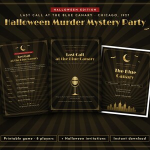 May include: A Halloween murder mystery party game kit titled Last Call at the Blue Canary, Chicago, 1927. The set includes three black and gold printed cards featuring a vintage microphone, a crescent moon, and a city skyline graphic.