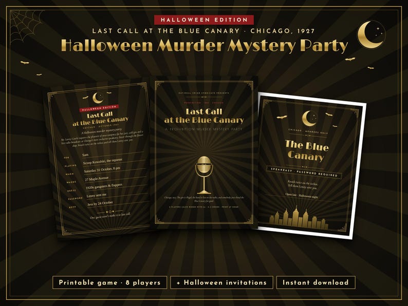 May include: A Halloween murder mystery party game kit titled Last Call at the Blue Canary, Chicago, 1927. The set includes three black and gold printed cards featuring a vintage microphone, a crescent moon, and a city skyline graphic.