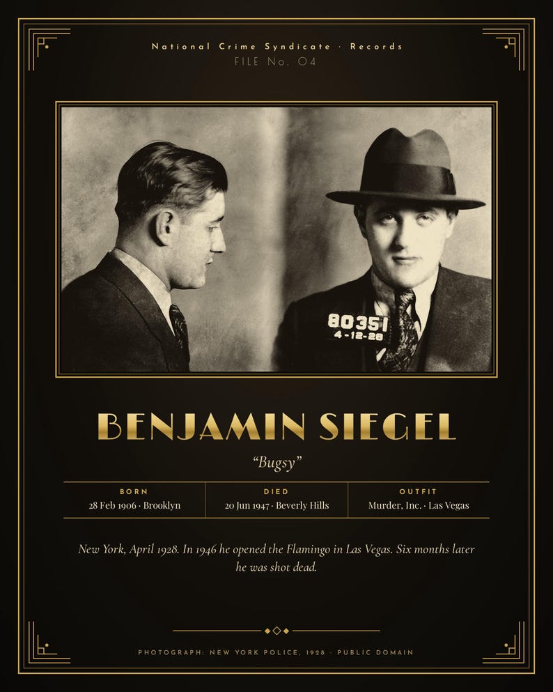 Op de afbeelding: Een zwart en goudkleurige poster met een politiefoto van Benjamin Siegel, bekend als Bugsy. De afbeelding toont een profiel en vooraanzicht van een persoon in een pak en fedora, met de tekst National Crime Syndicate Records, File No. 04 en biografische gegevens.