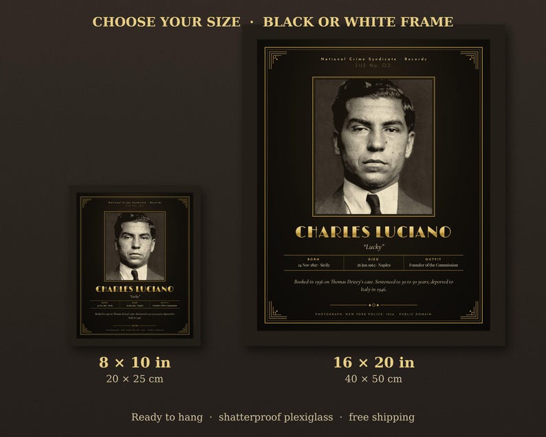 Puede incluir: Dos l&aacute;minas de pared enmarcadas con una foto policial en blanco y negro de Charles Luciano y detalles en texto dorado. Las l&aacute;minas indican los tama&ntilde;os de 20 x 25 cm y 40 x 50 cm. El texto incluye datos biogr&aacute;ficos y registros criminales.