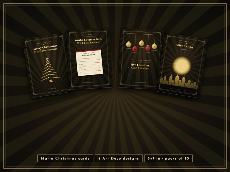 May include: Four rectangular Christmas cards with black and gold art deco designs. The cards feature text including Merry Christmas From The Family, Santa Keeps a list. We Keep Books., Five Families, One Holiday., and Silent Night.