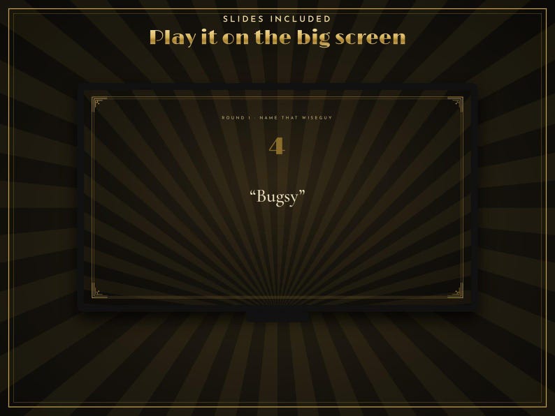 Pode incluir: Um slide digital com um fundo de raios de sol em castanho escuro e preto com uma borda dourada. O texto diz: SLIDES INCLUDED, Play it on the big screen, ROUND 1 NAME THAT MISSGUY, 4, e Bugsy. O design inclui detalhes decorativos nos cantos.