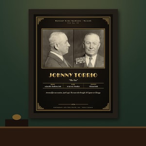 May include: A framed black and gold poster featuring a mugshot of Johnny Torrio, known as The Fox. The design includes two profile and front-facing photographs, his name, birth and death dates, and the text Arrested for tax evasion, April 1936.
