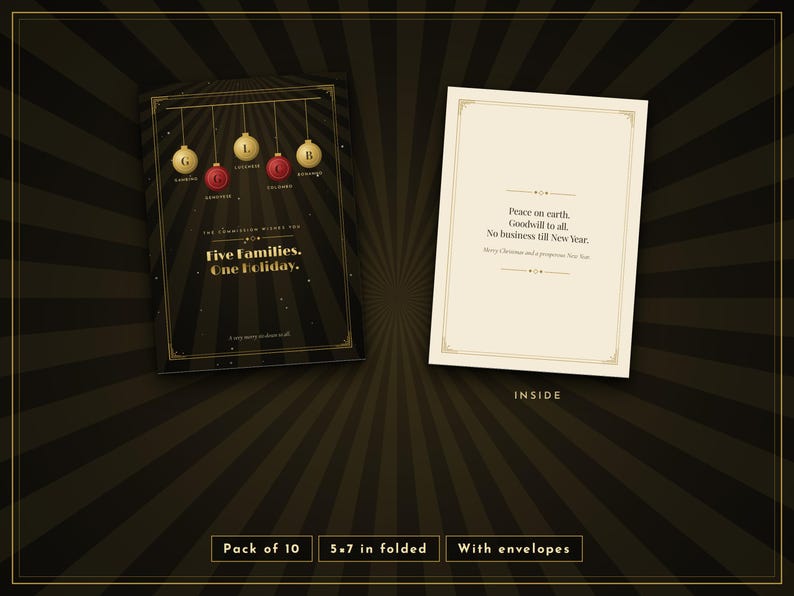 May include: A black holiday greeting card featuring gold and red ornaments with letters, the text Five Families. One Holiday., and an inside panel with the text Peace on earth, Goodwill to all, No business till New Year. Pack of 10, 5x7 in folded.