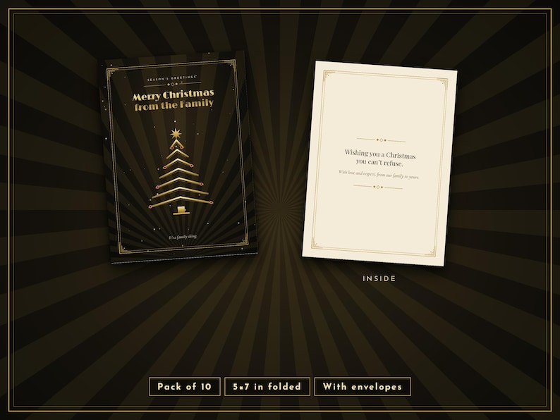 May include: A black and gold greeting card set featuring a stylized Christmas tree graphic on the front with the text Merry Christmas from the Family. The inside is cream-colored with the text Wishing you a Christmas you can't refuse.