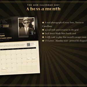 K&ouml;nnte beinhalten: Der 2027 Mob Calendar mit dem Titel A boss a month hat ein schwarz-goldenes Design. Er zeigt ein Foto von Sam Giancana, ein Monatsraster mit Daten, einen QR-Code und Textaufz&auml;hlungen, die Merkmale wie Made Men Battle Cards und Jahrestage auflisten.