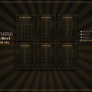 May include: Six black and gold Mafia family tree posters featuring The Five Families, Gambino, Genovese, Lucchese, Colombo, and Bonanno. The text reads Mafia Family Tree Posters, Collect all six, A4, A3, A2, 50x70 cm, 18x24 in, and Digital or printed.