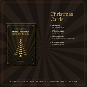 May include: A pack of 10 folded 5x7 inch Christmas cards with envelopes. The card features a gold stylized Christmas tree on a dark brown background with sunburst rays. Text reads: Merry Christmas from the Family, Season's Greetings, and It's a family thing.
