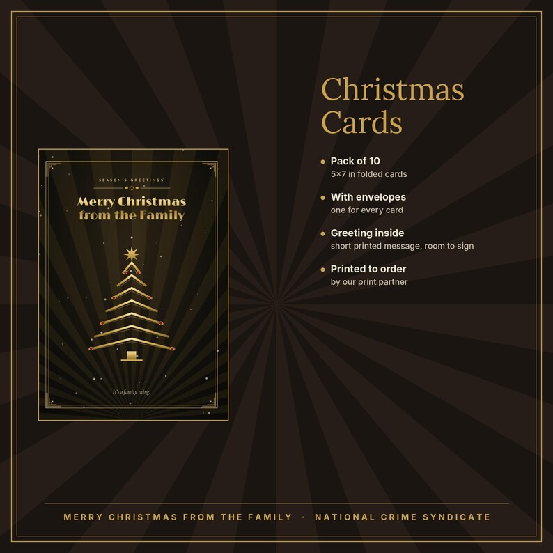 May include: A pack of 10 folded 5x7 inch Christmas cards with envelopes. The card features a gold stylized Christmas tree on a dark brown background with sunburst rays. Text reads: Merry Christmas from the Family, Season's Greetings, and It's a family thing.