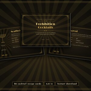 May include: A set of 26 rectangular cocktail recipe cards measuring 4x6 inches, featuring a dark brown and gold sunburst background. The cards display the text Prohibition Cocktails, National Crime Syndicate, and specific drink recipes.