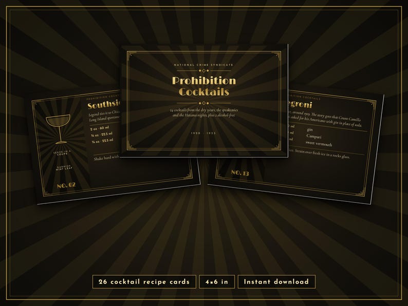 May include: A set of 26 rectangular cocktail recipe cards measuring 4x6 inches, featuring a dark brown and gold sunburst background. The cards display the text Prohibition Cocktails, National Crime Syndicate, and specific drink recipes.