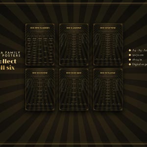 May include: Six black and gold Mafia family tree posters featuring The Five Families, Gambino, Genovese, Lucchese, Colombo, and Bonanno. The text reads Mafia Family Tree Posters, Collect all six, A4, A3, A2, 50x70 cm, 18x24 in, and Digital or printed.