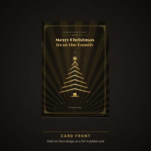 May include: A rectangular greeting card featuring a black background with gold sunburst rays. The text reads Season's Greetings, Merry Christmas from the Family, and It's a family thing. A gold geometric Christmas tree sits in the center.