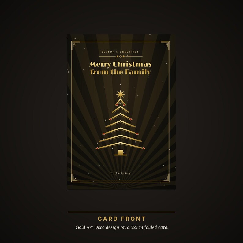 May include: A rectangular greeting card featuring a black background with gold sunburst rays. The text reads Season's Greetings, Merry Christmas from the Family, and It's a family thing. A gold geometric Christmas tree sits in the center.