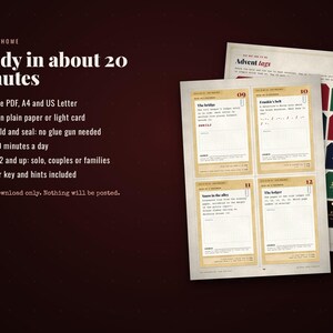 K&ouml;nnte beinhalten: Ein druckbares 21-seitiges PDF-Adventskalenderspiel mit nummerierten Karten und Anh&auml;ngern. Der Text enth&auml;lt 'Ready in about 20 minutes', 'Advent tags' und Anweisungen f&uuml;r A4- oder US-Letter-Papier. Die Karten sind beige mit schwarzem Text.