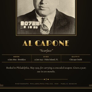 May include: A black and gold poster featuring a sepia-toned mugshot of Al Capone with the text 'AL CAPONE', 'Scarface', and biographical details including birth, death, and the note: 'Booked in Philadelphia, May 1929, for carrying a concealed weapon.'