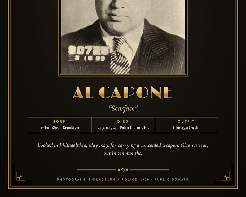 May include: A black and gold poster featuring a sepia-toned mugshot of Al Capone with the text 'AL CAPONE', 'Scarface', and biographical details including birth, death, and the note: 'Booked in Philadelphia, May 1929, for carrying a concealed weapon.'