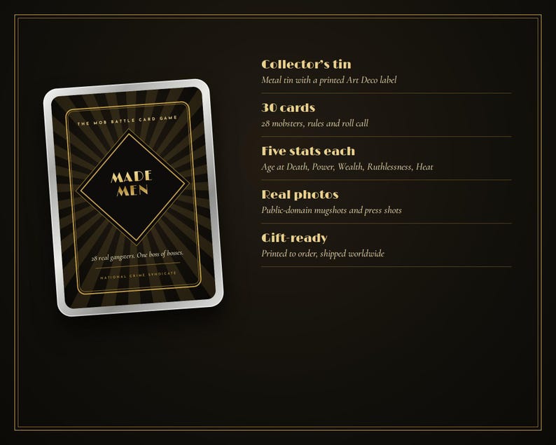 May include: A black and gold card game box titled Made Men, featuring a sunburst design. Text lists features: Collector's tin, 30 cards including 28 mobsters, five stats per card, real photos, and gift-ready status. The design uses Art Deco styling.