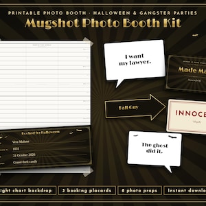 Könnte beinhalten: Ein druckbares Mugshot-Fotobox-Set mit einer Hintergrund-Höhenskala, drei Buchungsschildern und acht Foto-Requisiten. Das Set enthält Textelemente wie "I want my lawyer", "Made Man", "Fall Guy", "INNOCENT" und "The ghost did it".