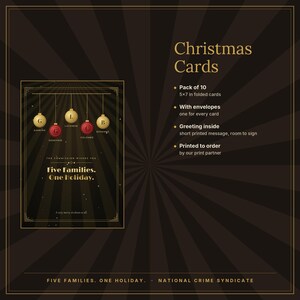 May include: A pack of 10 Christmas cards measuring 5x7 inches, featuring a black background with gold sunburst rays. The design displays five hanging ornaments labeled with letters and family names, with the text Five Families. One Holiday.