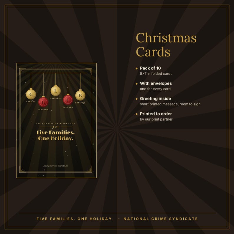 May include: A pack of 10 Christmas cards measuring 5x7 inches, featuring a black background with gold sunburst rays. The design displays five hanging ornaments labeled with letters and family names, with the text Five Families. One Holiday.