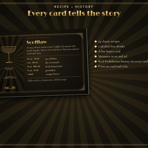 May include: A black and gold cocktail recipe card titled Scofflaw, featuring a coupe glass icon, historical text, and ingredients in ounces and milliliters. The card is part of a set including 24 classic recipes, 2 alcohol-free drinks, and a bar basics card.