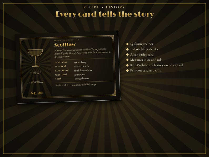 May include: A black and gold cocktail recipe card titled Scofflaw, featuring a coupe glass icon, historical text, and ingredients in ounces and milliliters. The card is part of a set including 24 classic recipes, 2 alcohol-free drinks, and a bar basics card.