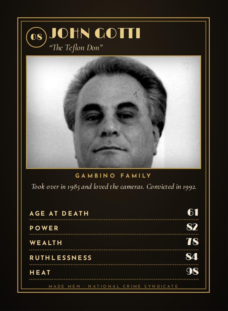 May include: A black and gold informational card featuring a black and white portrait of John Gotti, labeled The Teflon Don. The text includes Gambino Family, biographical details, and statistics for age at death, power, wealth, ruthlessness, and heat.