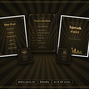 May include: A set of black and gold party stationery featuring a bar menu, an invitation for Tony's 40th Birthday, a Speakeasy sign, and two small cards. The designs include sunburst patterns, city silhouettes, and text.