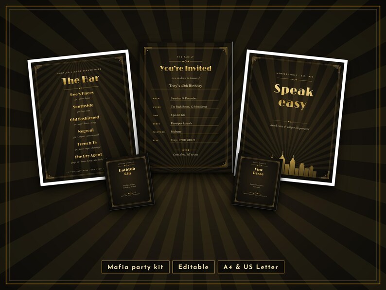May include: A set of black and gold party stationery featuring a bar menu, an invitation for Tony's 40th Birthday, a Speakeasy sign, and two small cards. The designs include sunburst patterns, city silhouettes, and text.