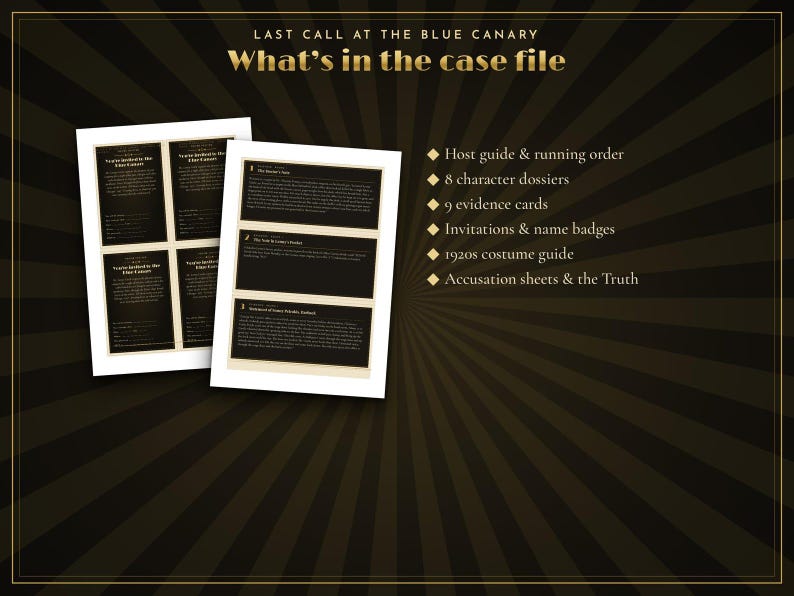 May include: A murder mystery game kit titled Last Call at the Blue Canary. The set includes printed documents, character dossiers, evidence cards, invitations, name badges, a costume guide, accusation sheets, and the truth reveal.