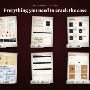 K&ouml;nnte beinhalten: Ein 21-seitiges Krimispiel-Set mit sechs Dokumenten: How to Play, Case Briefing, 6 Suspect Files, Weapons & Floor Plan, Detective's Notebook und Accusation & Sealed Solution. Jede Seite enth&auml;lt Text, Diagramme und Portr&auml;ts auf cremefarbenem Papier.