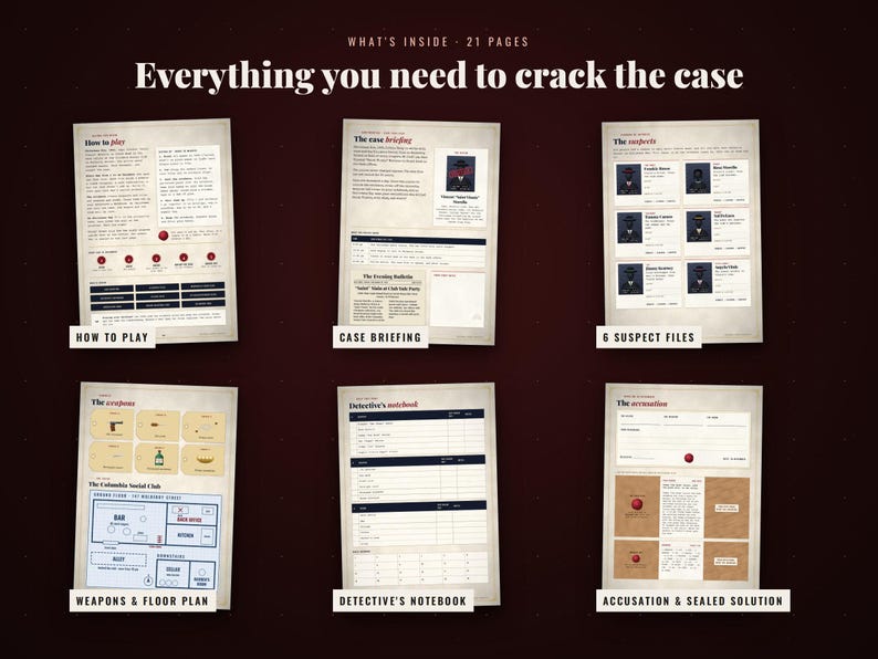 K&ouml;nnte beinhalten: Ein 21-seitiges Krimispiel-Set mit sechs Dokumenten: How to Play, Case Briefing, 6 Suspect Files, Weapons & Floor Plan, Detective's Notebook und Accusation & Sealed Solution. Jede Seite enth&auml;lt Text, Diagramme und Portr&auml;ts auf cremefarbenem Papier.