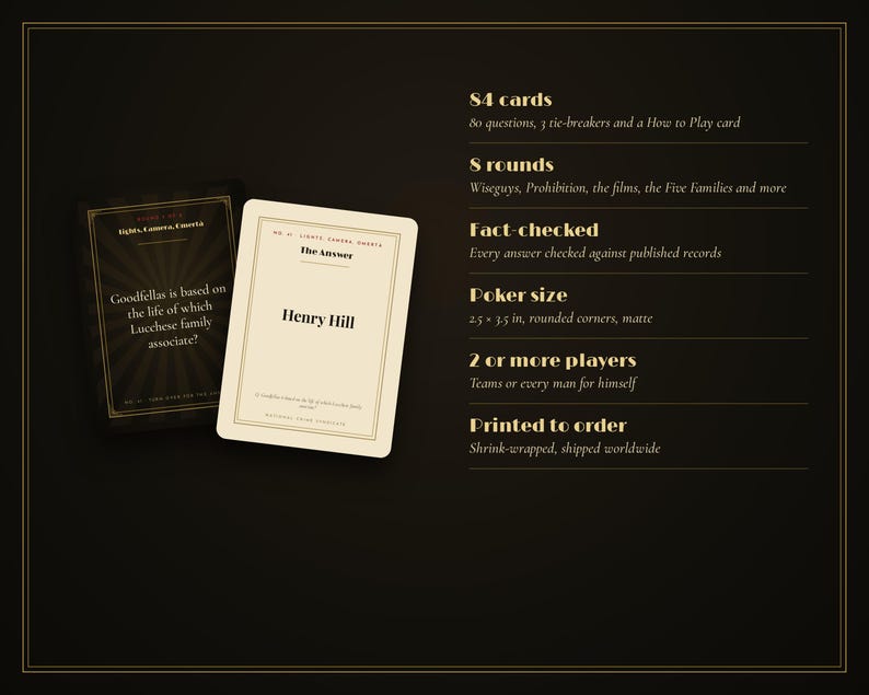 Puede incluir: Un juego de cartas de trivia con dos tarjetas rectangulares de fondo negro y crema. Una tarjeta muestra el texto Goodfellas is based on the life of which Lucchese family associate? y la otra tarjeta muestra el texto Henry Hill.
