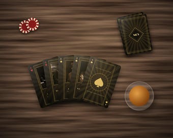 May include: A deck of black and gold playing cards with a sunburst pattern, featuring the text National Crime Syndicate. The cards are fanned out alongside two red and white poker chips and a single orange sphere on a dark wood surface.