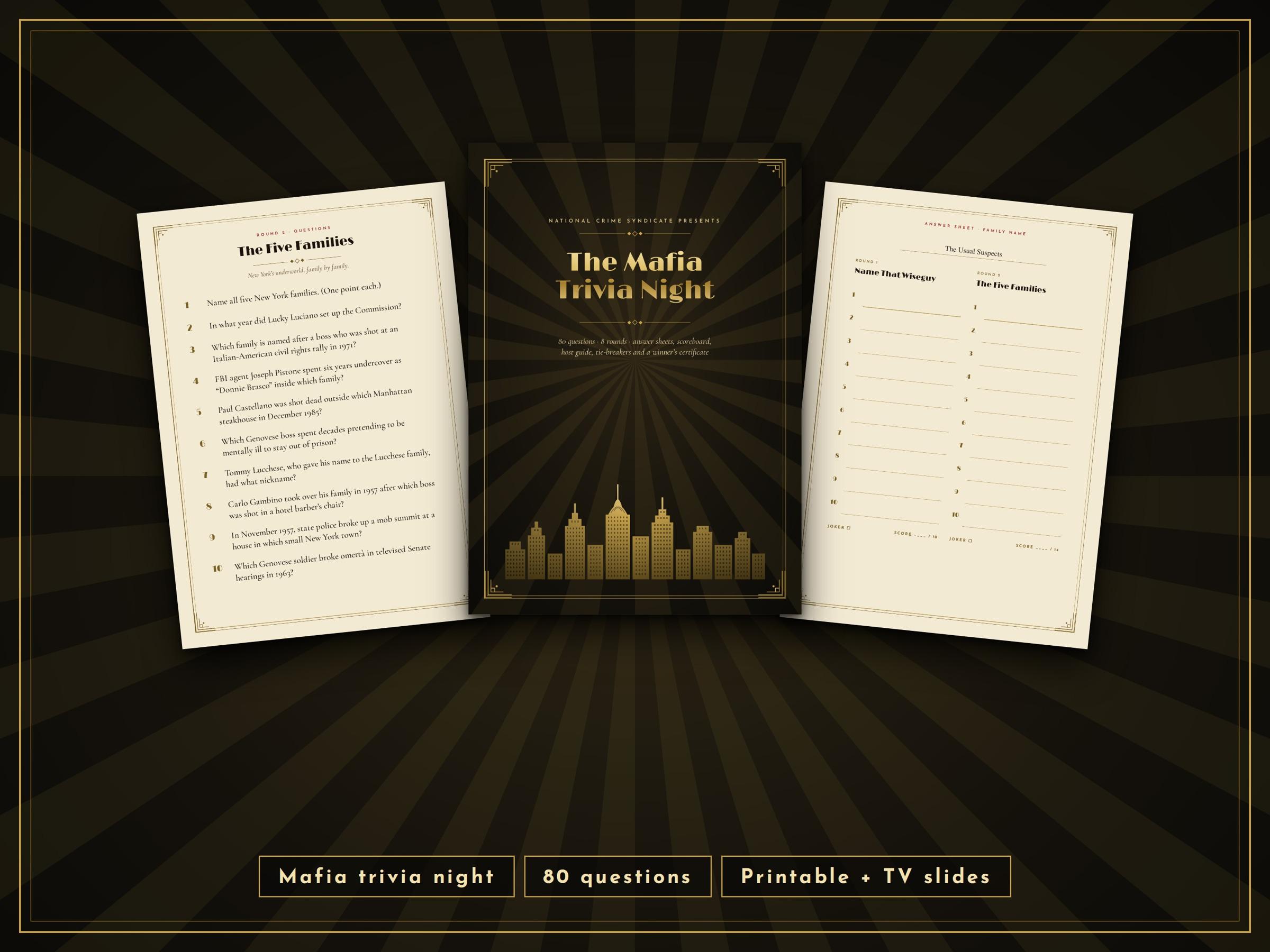 Pode incluir: Um conjunto de jogo Mafia Trivia Night com uma capa central preta e dourada com um gr&aacute;fico de horizonte urbano, ladeado por duas folhas de perguntas e respostas creme. O texto inclui The Mafia Trivia Night e 80 questions.