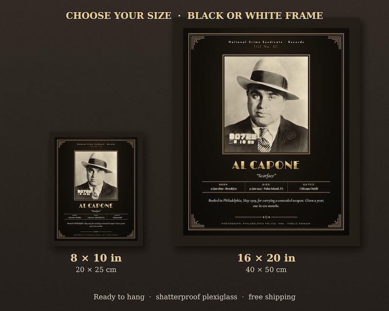 May include: Two framed wall art prints featuring a vintage mugshot of Al Capone. The black posters include the text National Crime Syndicate Records, Al Capone, Scarface, and biographical details. Available in 8 x 10 in and 16 x 20 in sizes.
